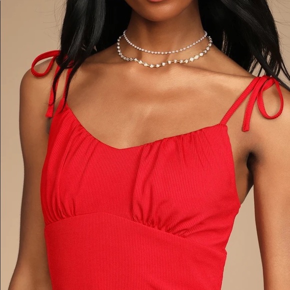 Red Ribbed Tie-Strap Bodycon Mini Dress - Picture 4 of 5